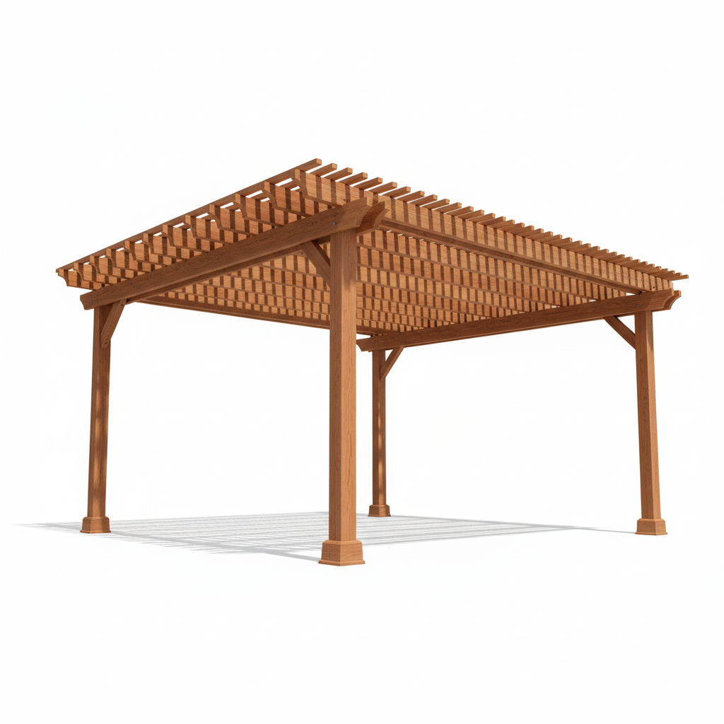 Outdoor Super Deck Attached Redwood Pergola on white background